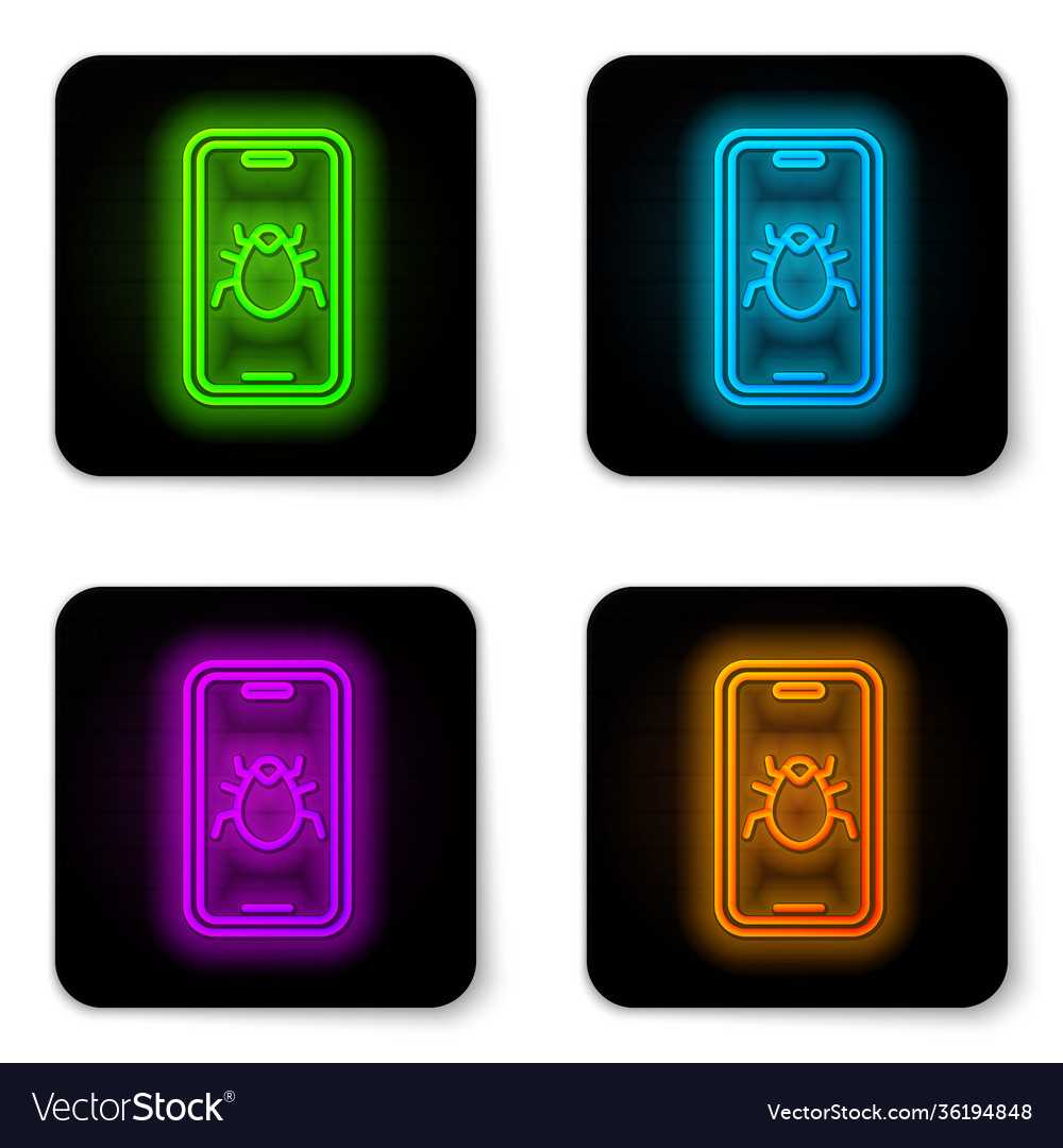 Glowing neon line system bug on mobile icon vector image Glowing neon line system bug on mobile icon