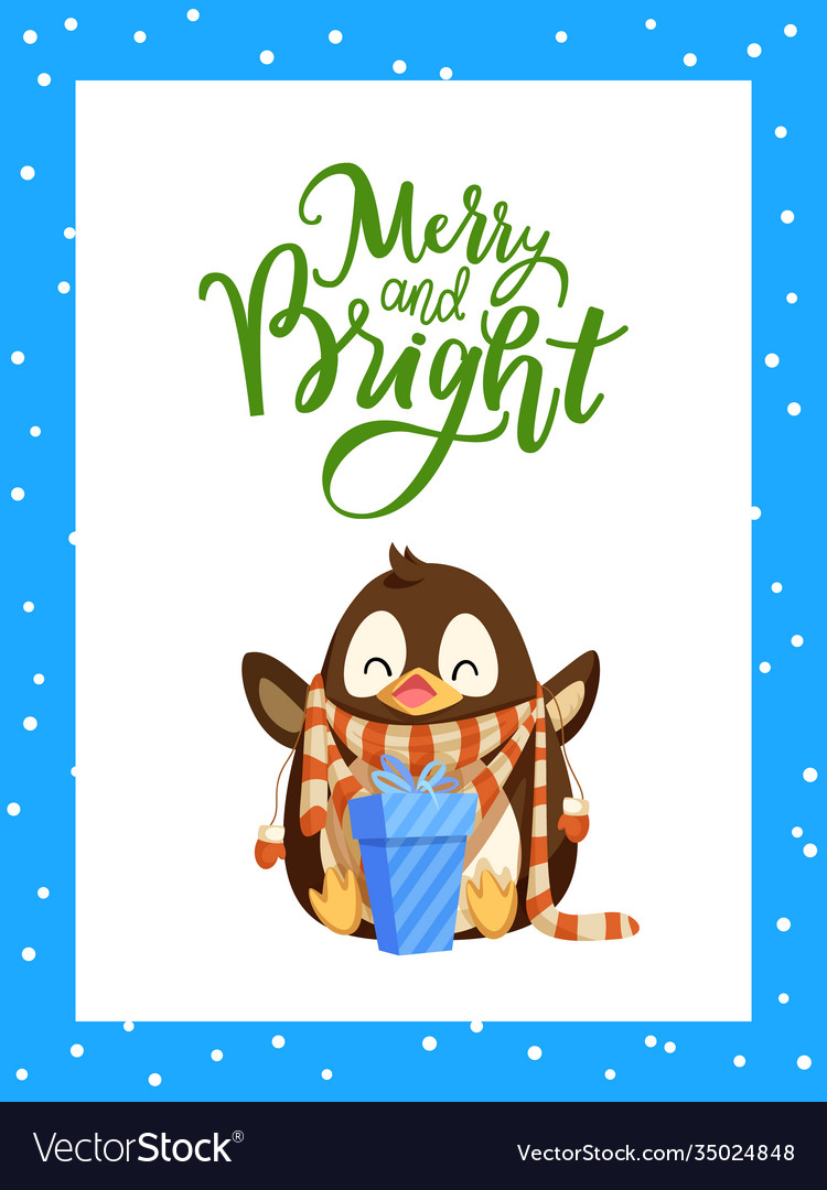 Merry bright postcard in frame penguin arctic bird