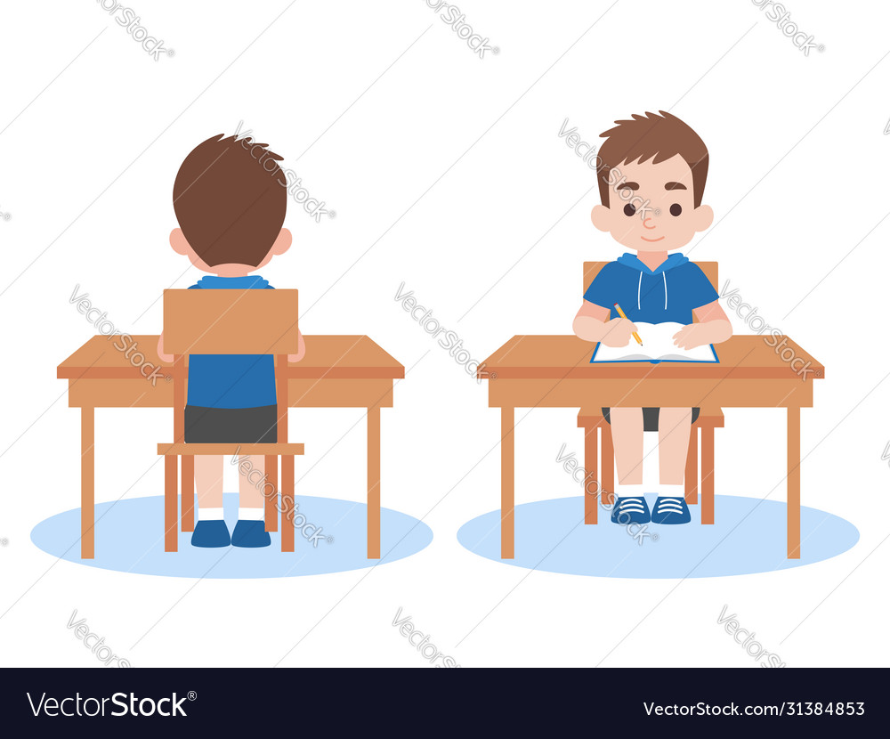 Boy back and front studying lessons