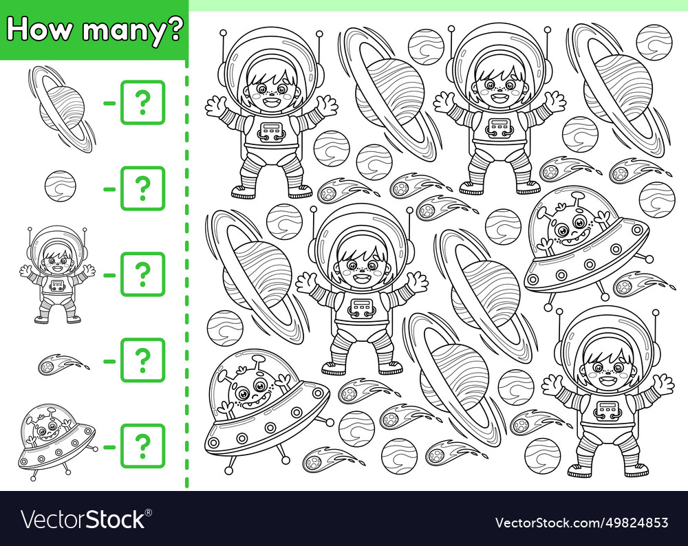 Math Zählen Spiel wie viele Umriss Raum Objekte vector image Math Zählen Spiel wie viele Umriss Raum Objekte