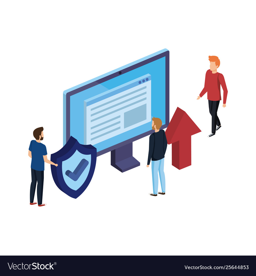 Men group with computer desktop and shield vector image Men group with computer desktop and shield