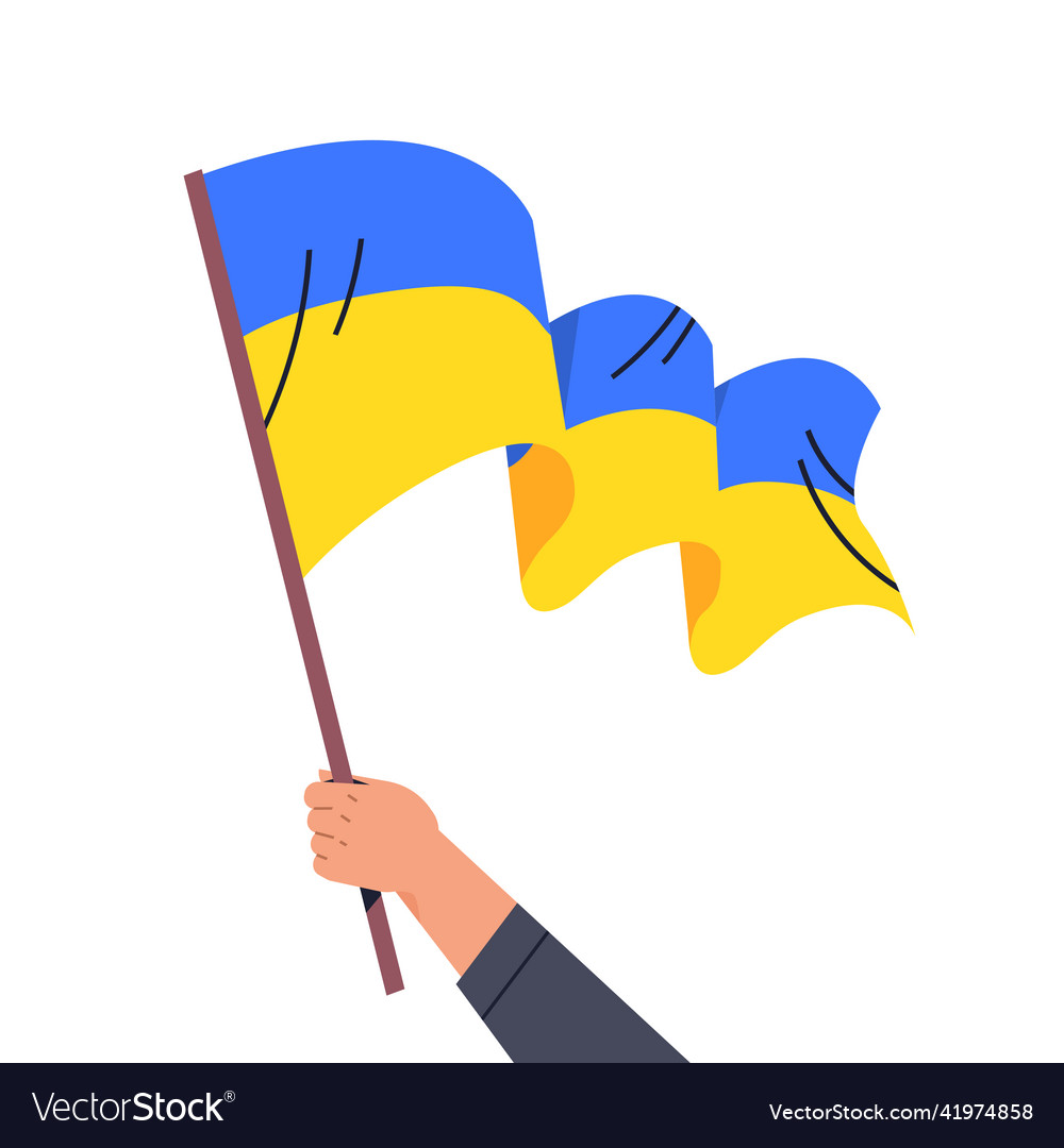 Human hand holding ukrainian flag pray for ukraine