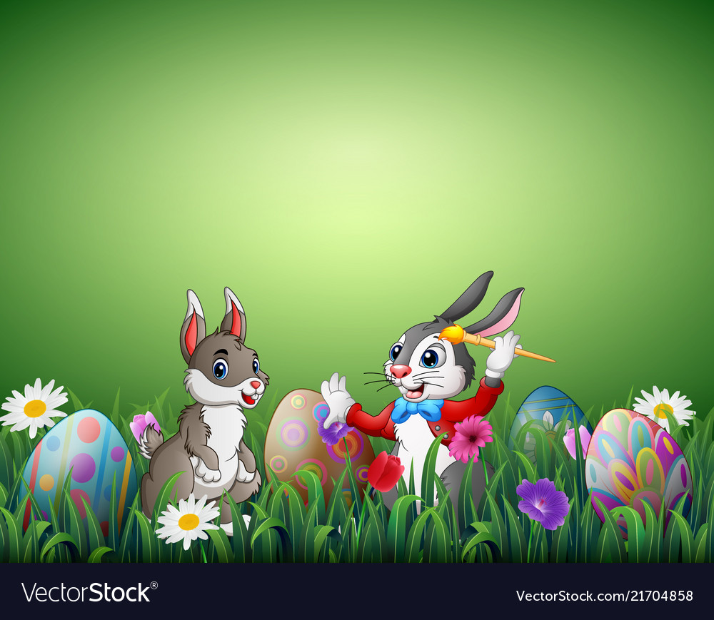 Two easter bunnies with easter eggs in a field Vector Image