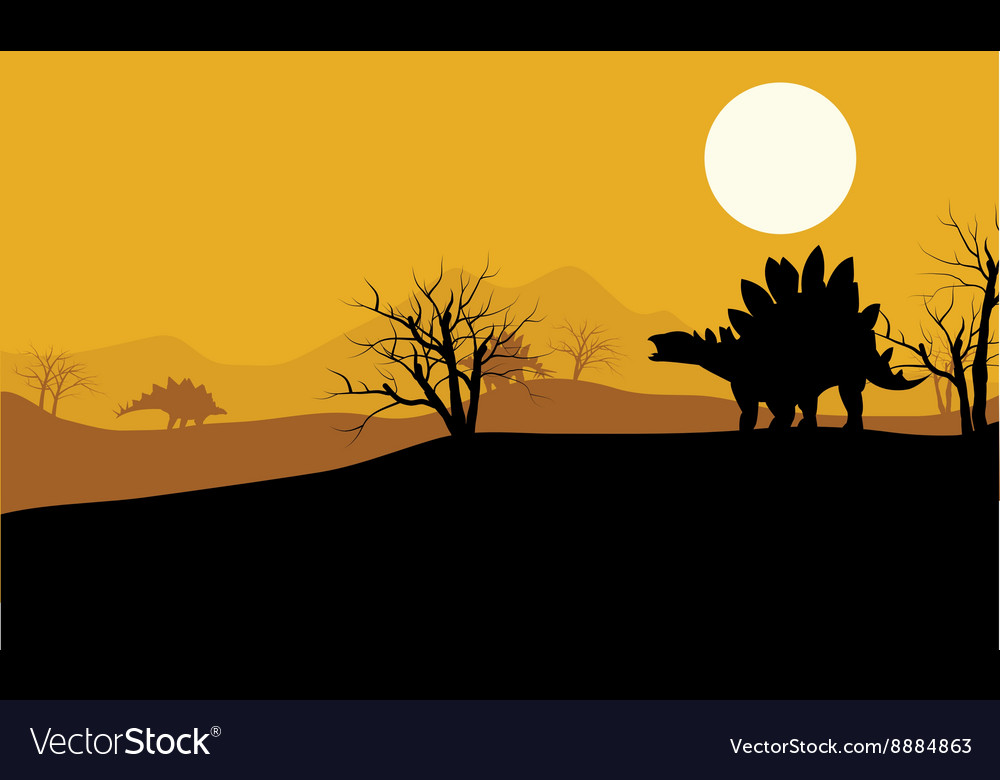 At sunset stegosaurus in fields scenery