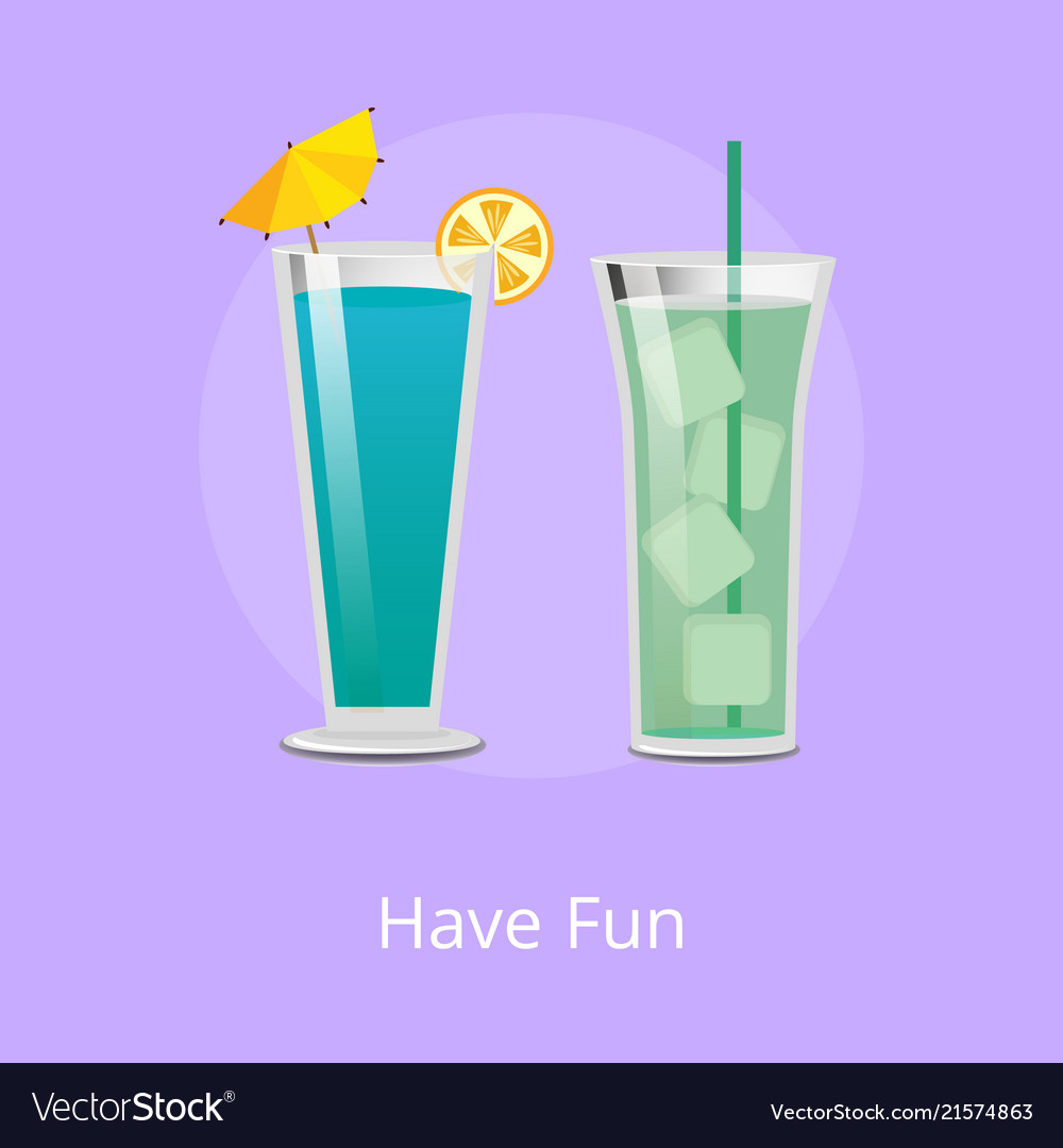 Have fun green cocktail with ice cubes blue drink