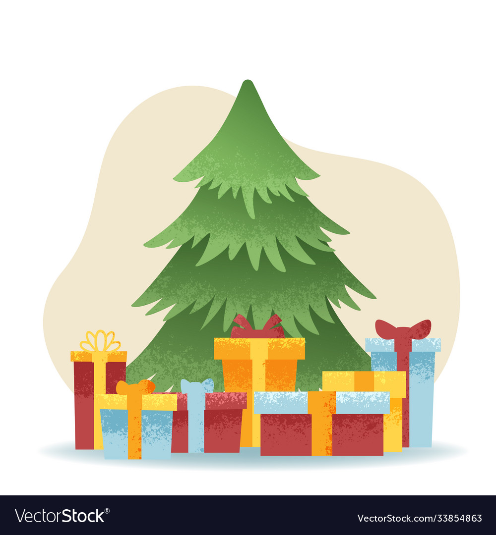 Postcard with christmas tree and gifts happy