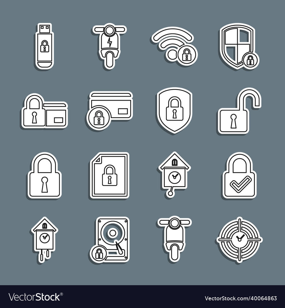 Set line time management lock and check mark vector image Set line time management lock and check mark