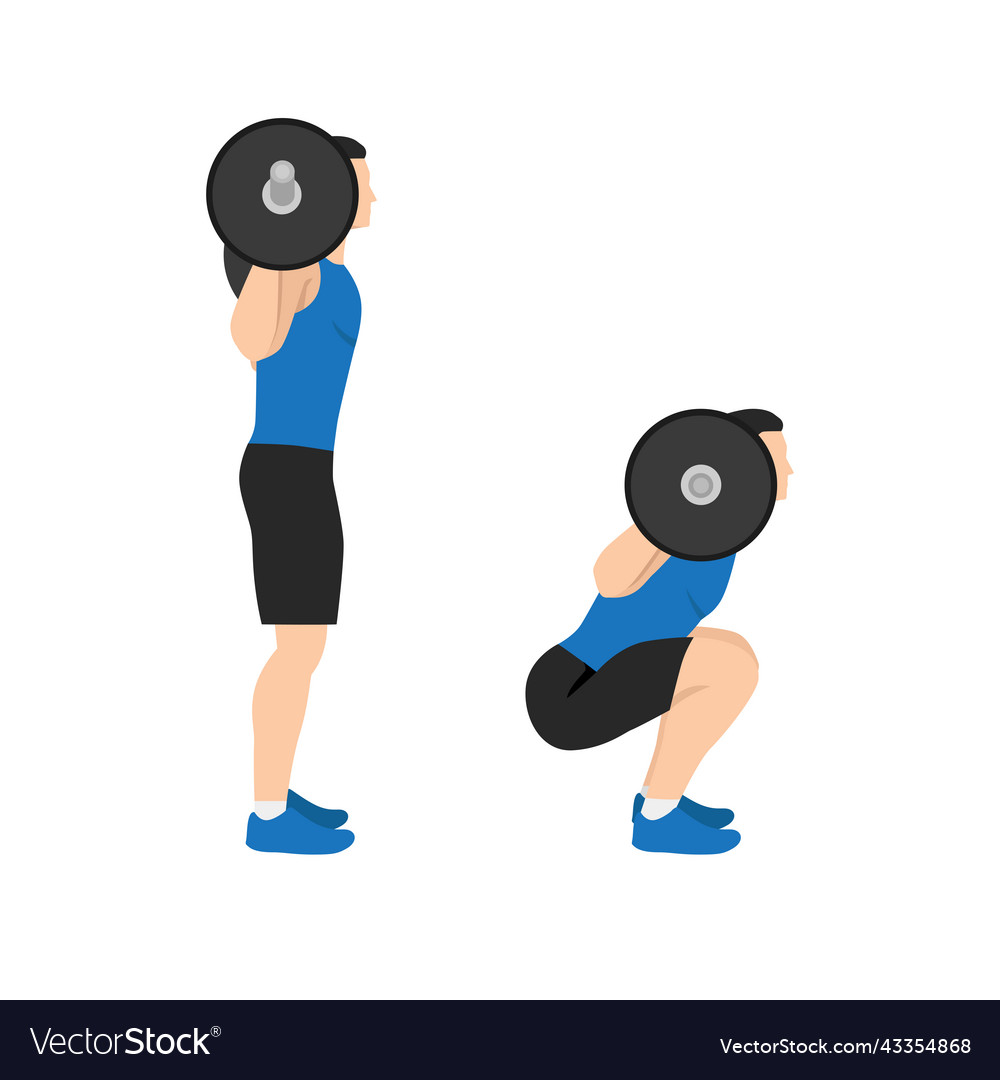 Man doing squat with barbell exercise flat vector image Man doing squat with barbell exercise flat