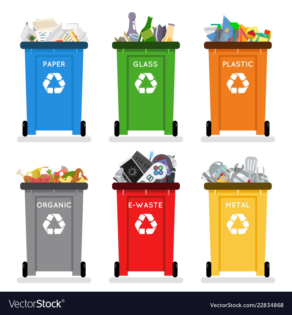 Different trash containers cartoon vector illustration set. Garbage bins  for metal, e-waste, plastic, glass, organic and paper rubbish. Waste  separation and recycling, environmental protection concept Stock Vector