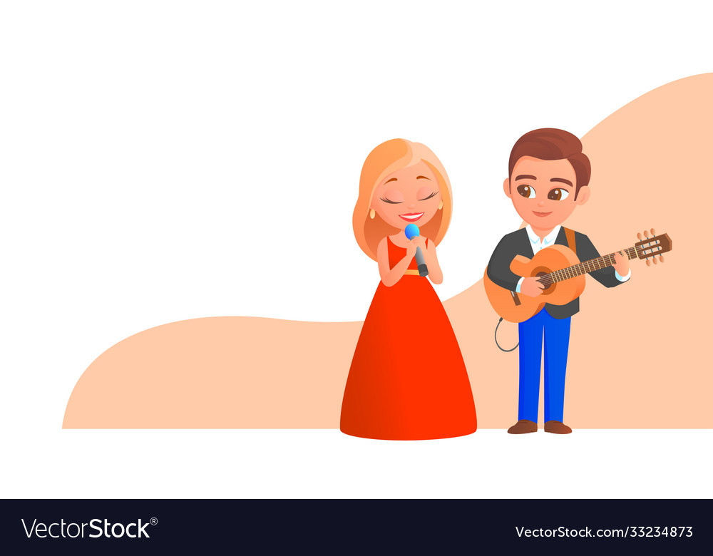 Cartoon boy and girl sing a song on stage