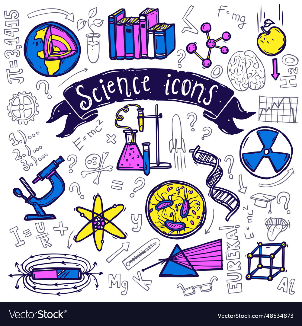 Science symbols icons doodle sketch Royalty Free Vector