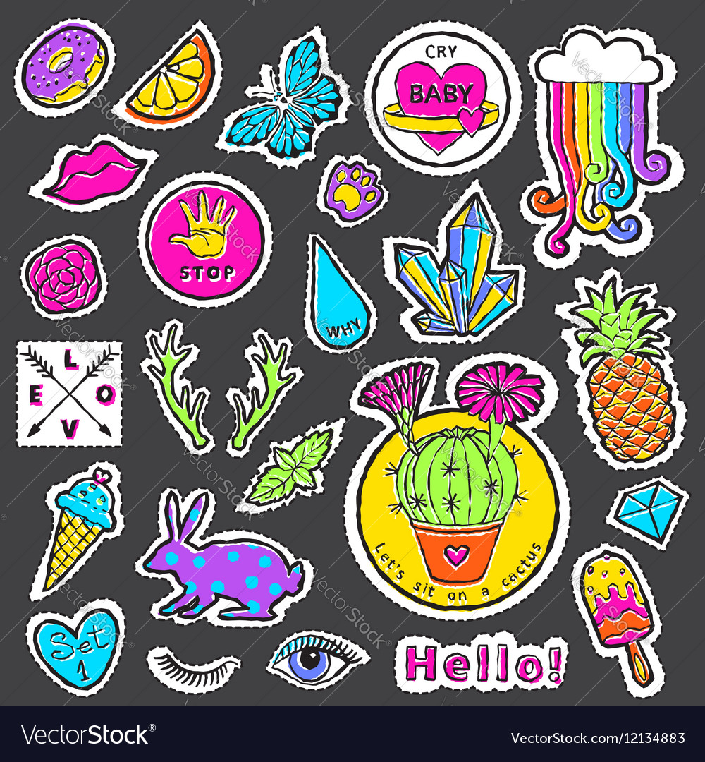 Fashion patch badge elements in cartoon 80s-90s Vector Image