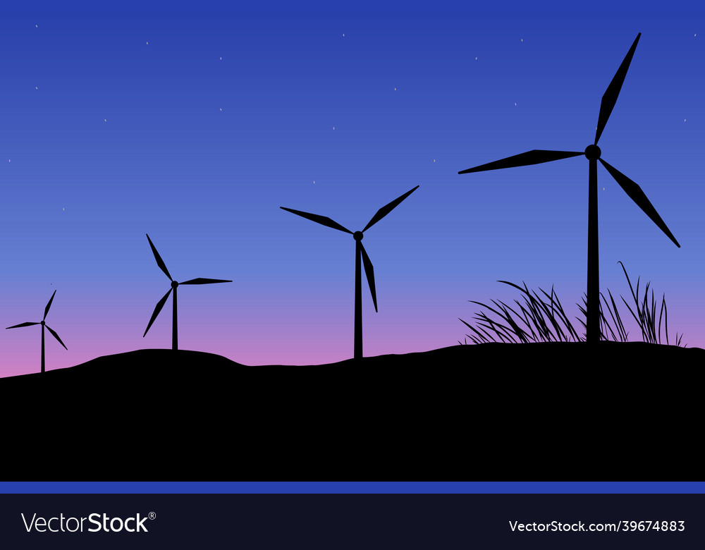 Landscape view of silhouette wind power turbine vector image Landscape view of silhouette wind power turbine