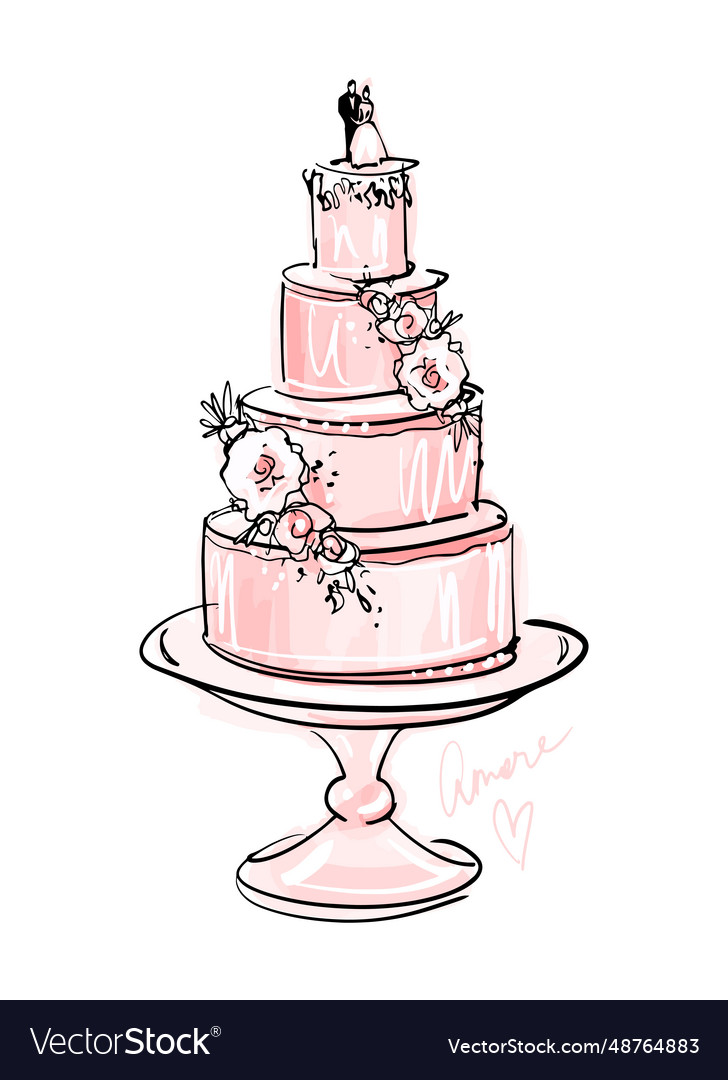 Multi-tiered wedding cake on a stand decorated Vector Image