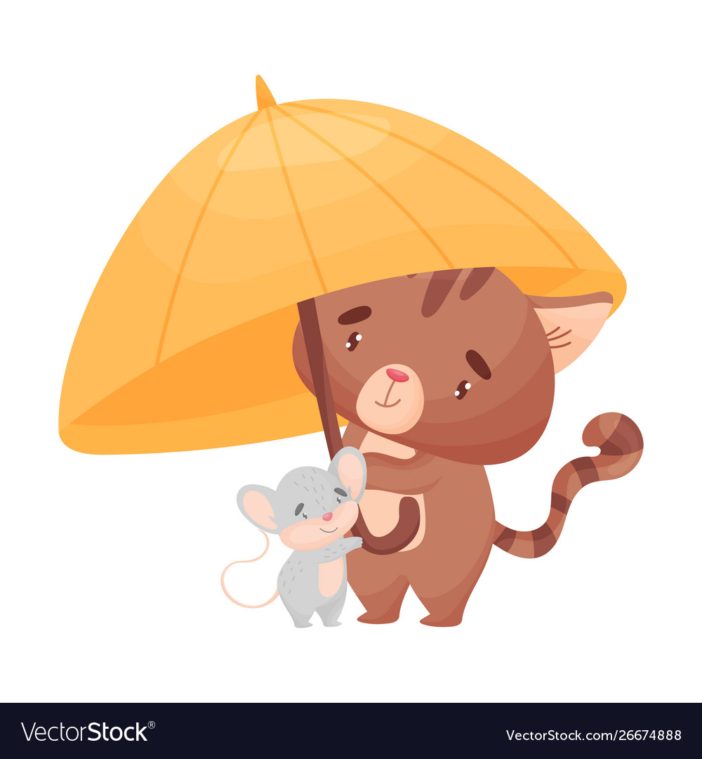 Cartoon cat and mouse under umbrella Royalty Free Vector