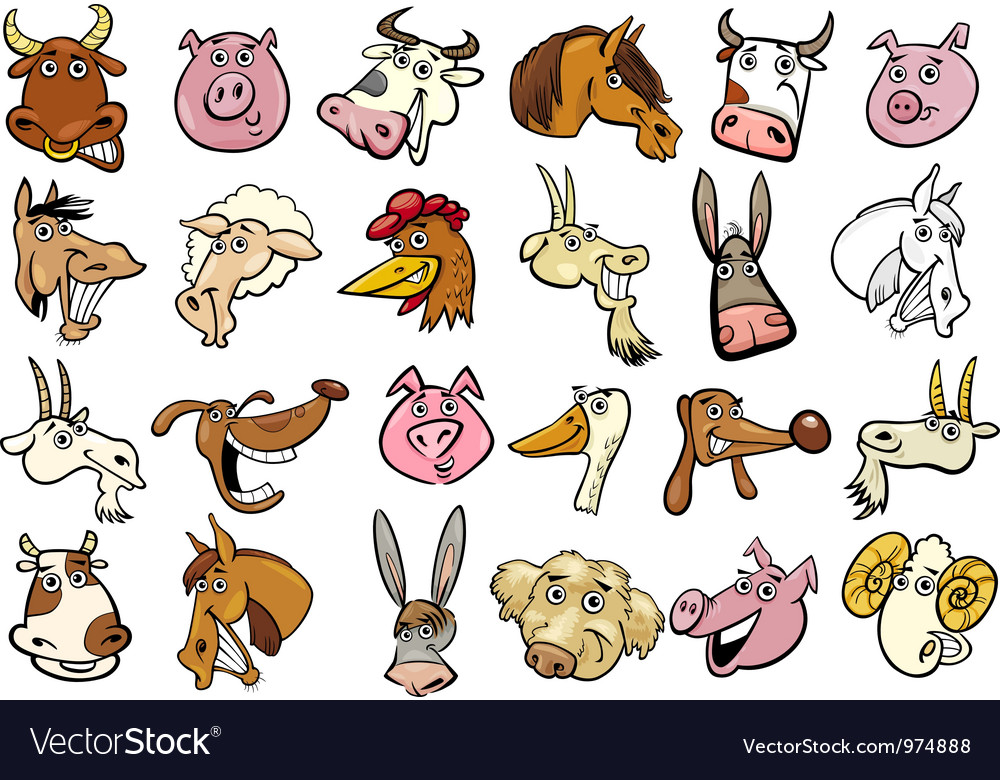Cartoon farm animals heads huge set