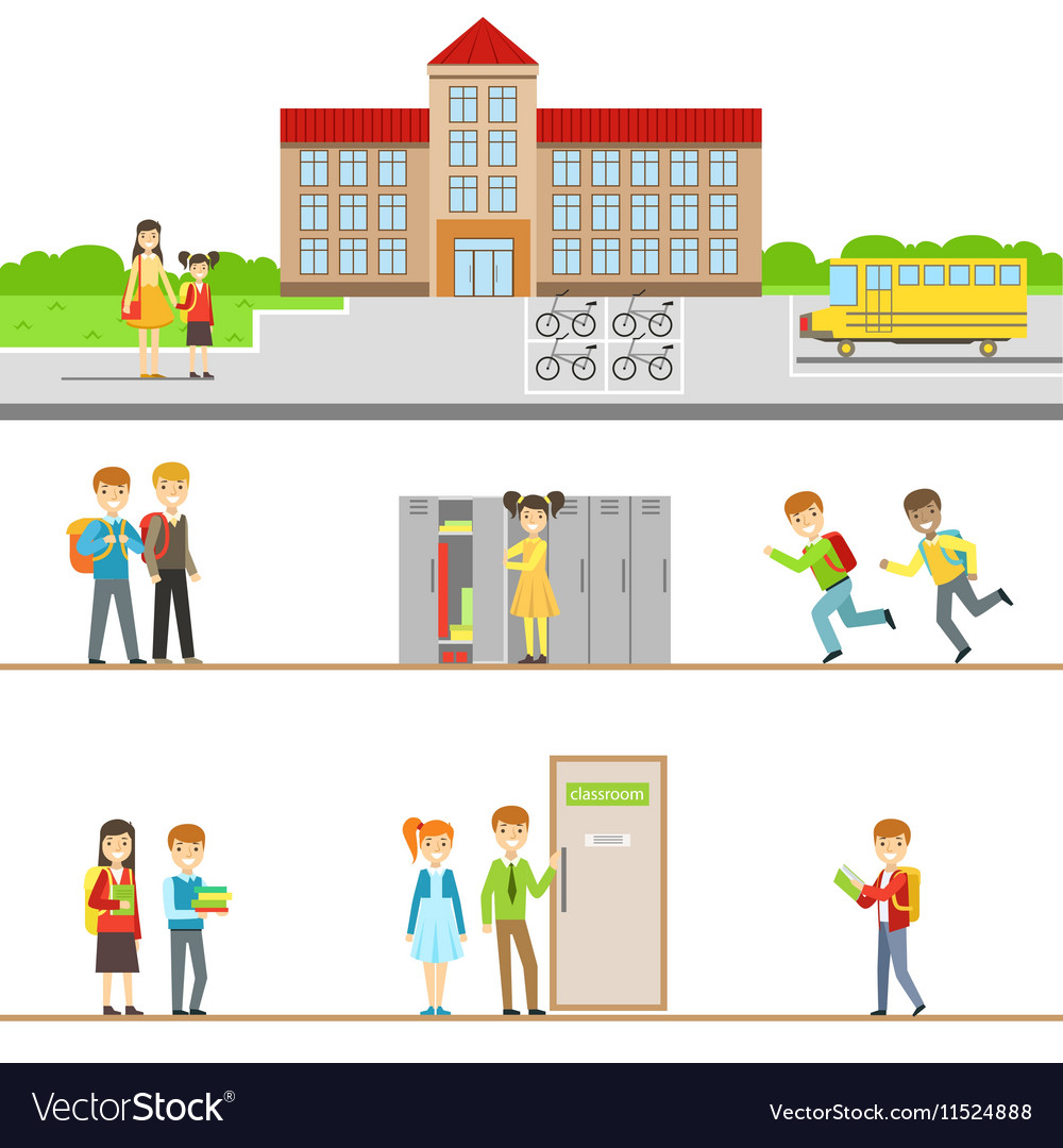 Schulgebäude Außen und Kinder in seinen Korridoren