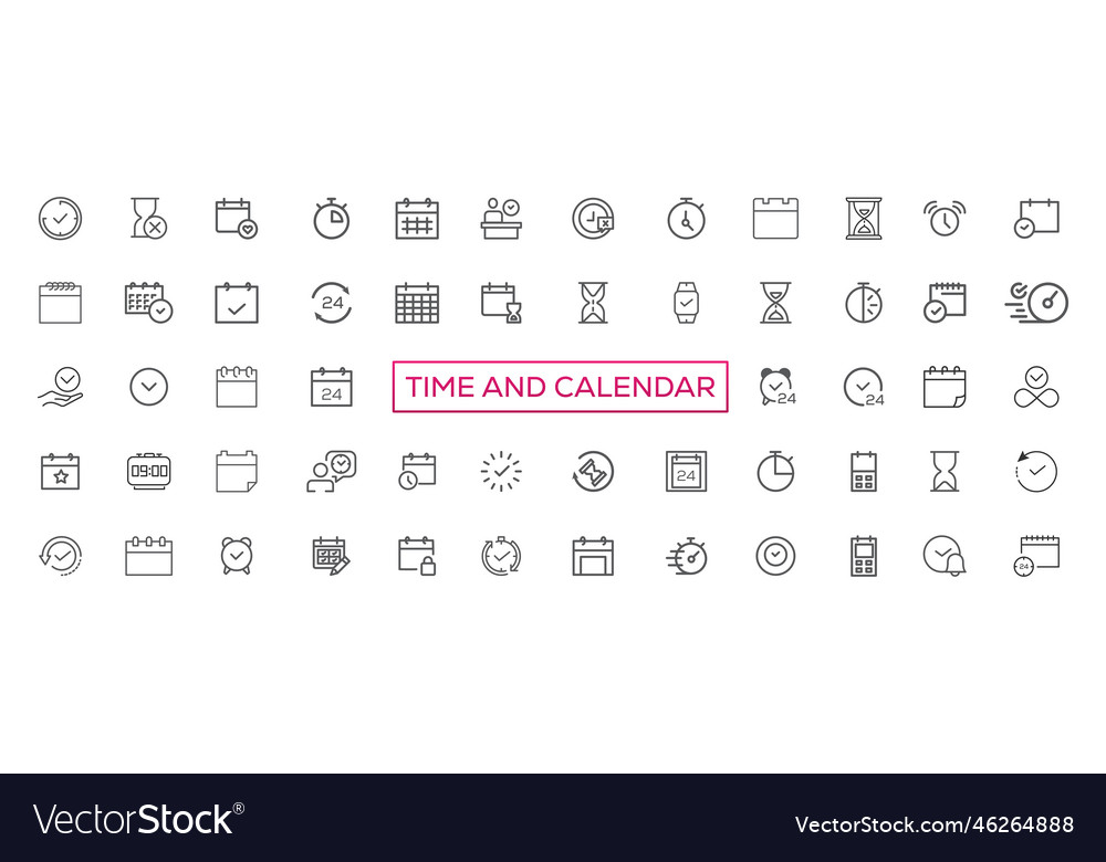 Time and clock calendar timer line icons vector image Time and clock calendar timer line icons