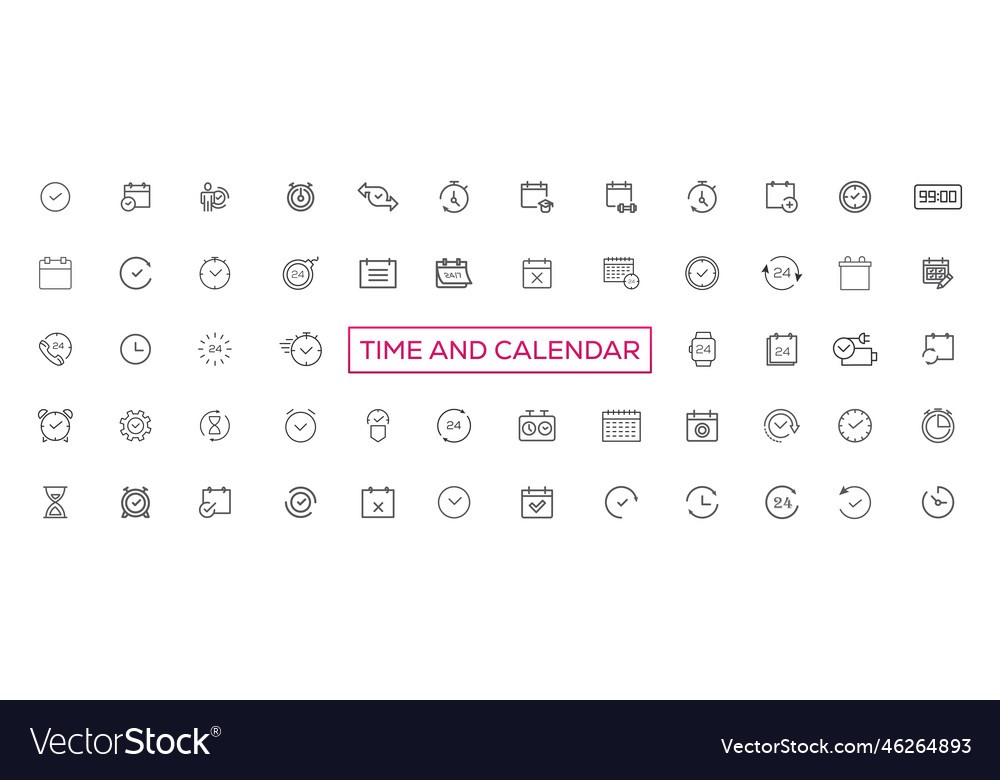 Time and clock calendar timer line icons vector image Time and clock calendar timer line icons