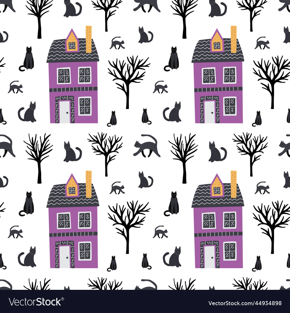 Black cats and country cottage pattern Royalty Free Vector