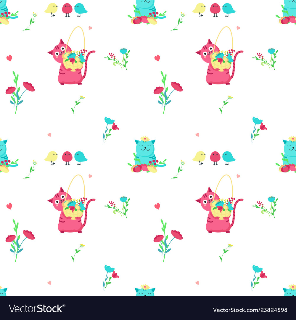 Seamless pattern with cute spring cats vector image Seamless pattern with cute spring cats
