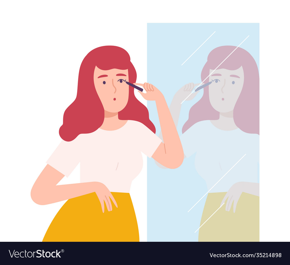 Young woman applying mascara while looking vector image Young woman applying mascara while looking