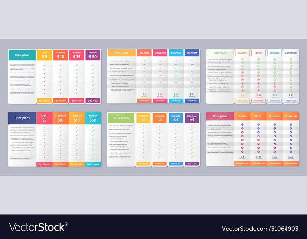 Price table comparison template with 4 columns vector image Price table comparison template with 4 columns