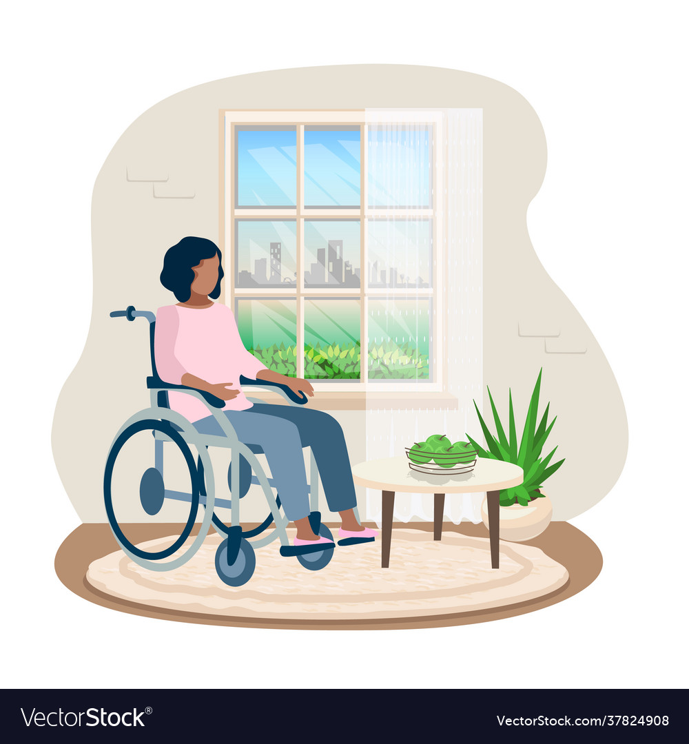 Girl in a wheelchair looking out window