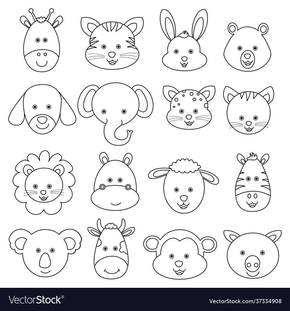 Set cartoon animal face line drawing Royalty Free Vector