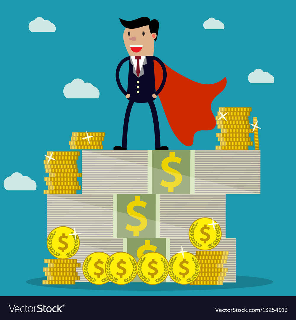 Businessman standing on huge pile of money