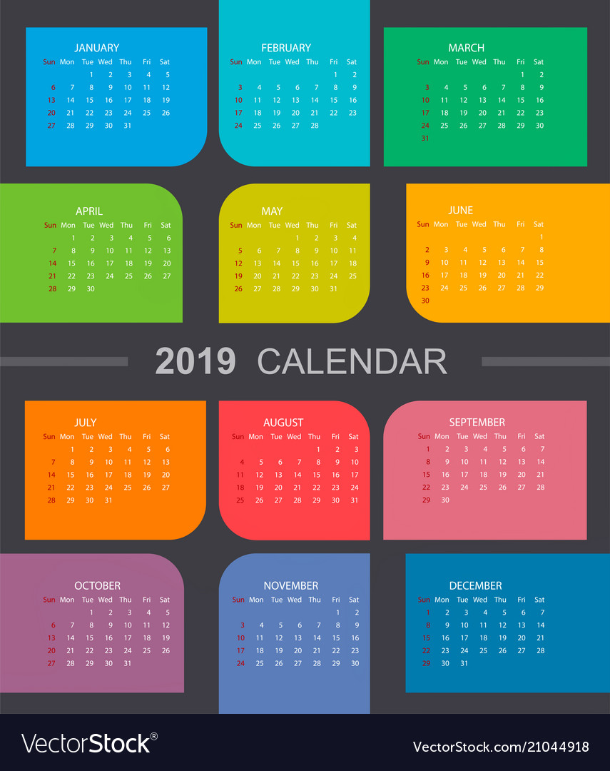 Colorful calendar 2019 week starts on sunday Vector Image