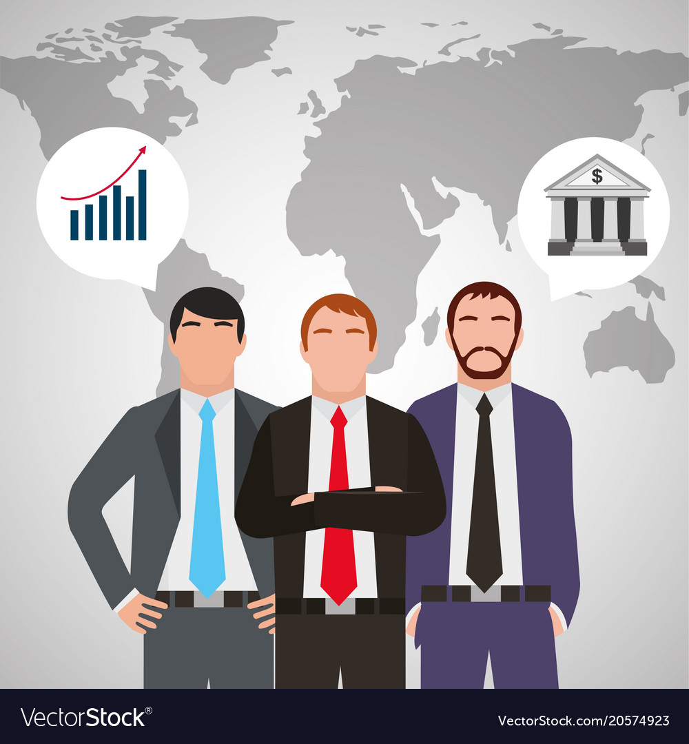 Three businessman in suit standing with world map