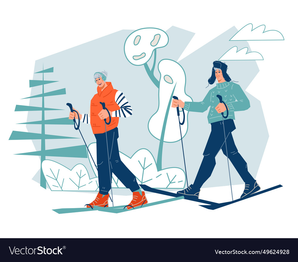 Active mature couple skiing elderly man and woman