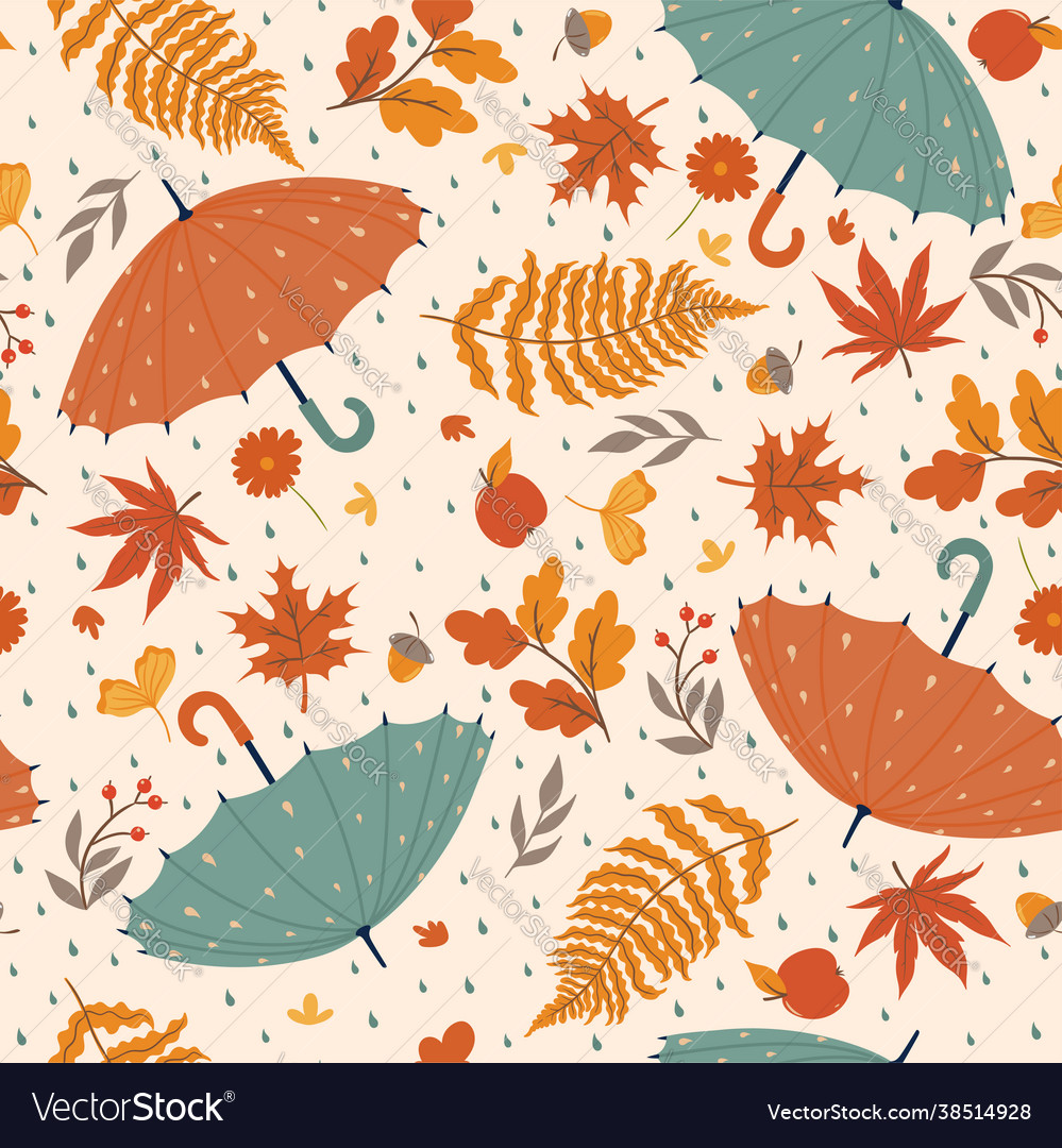 Autumn seamless pattern with umbrellas leaves