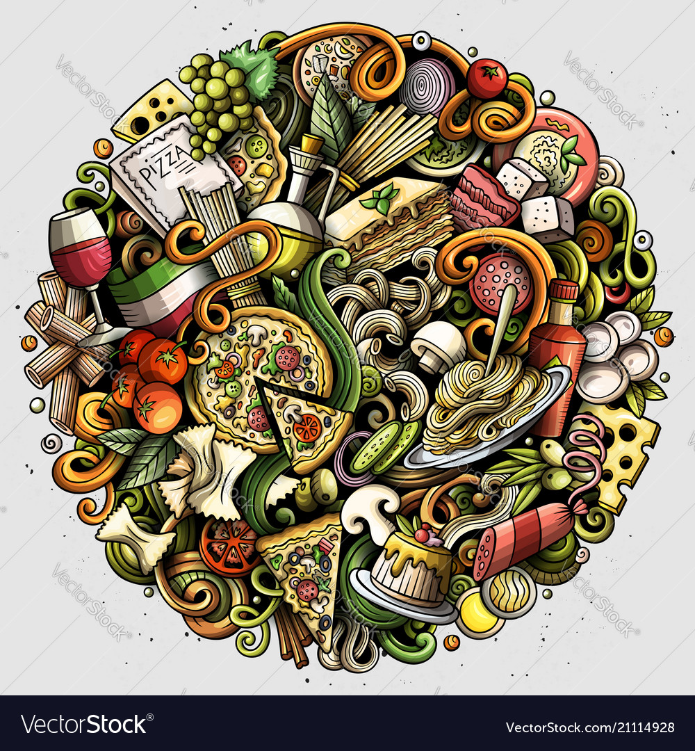 Cartoon doodles italian food Royalty Free Vector Image