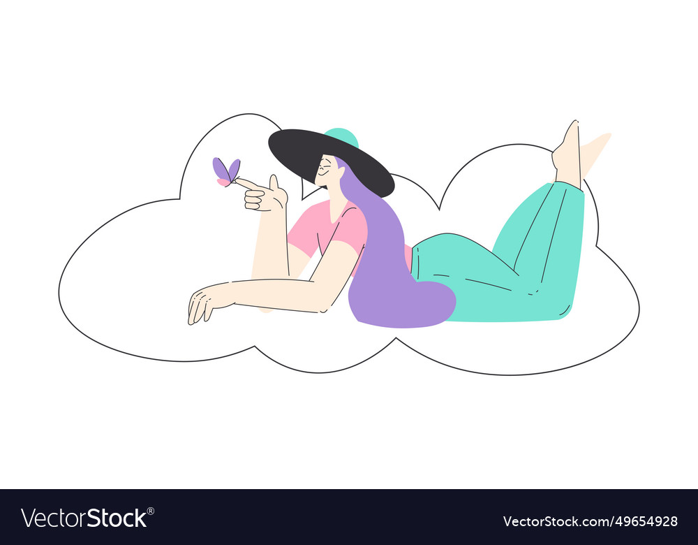 Dreaming woman character lying on cloud