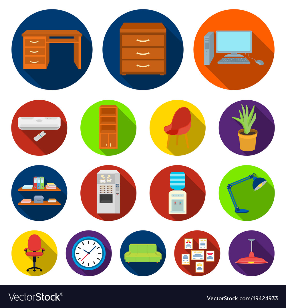 Interior of the workplace flat icons in set