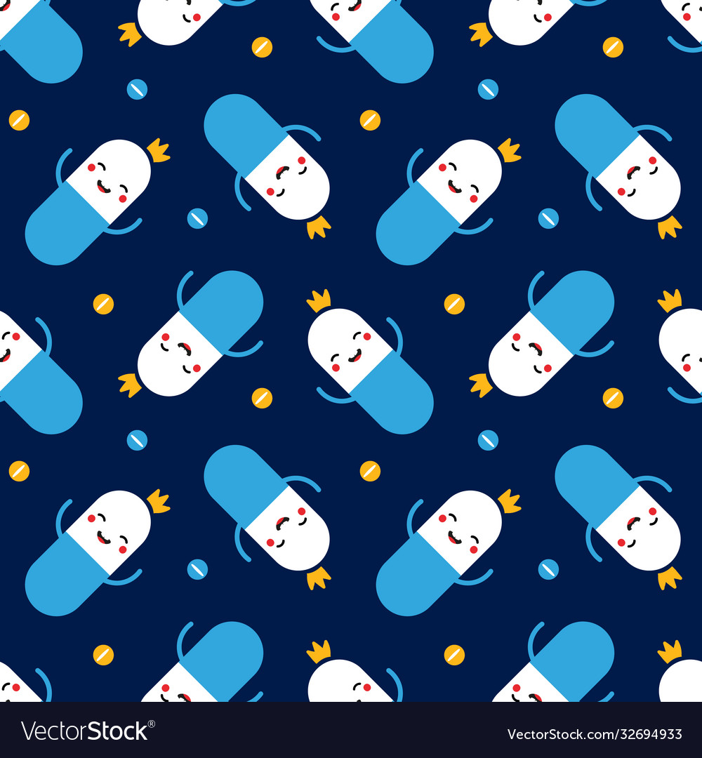 Pill characters in crowns seamless pattern