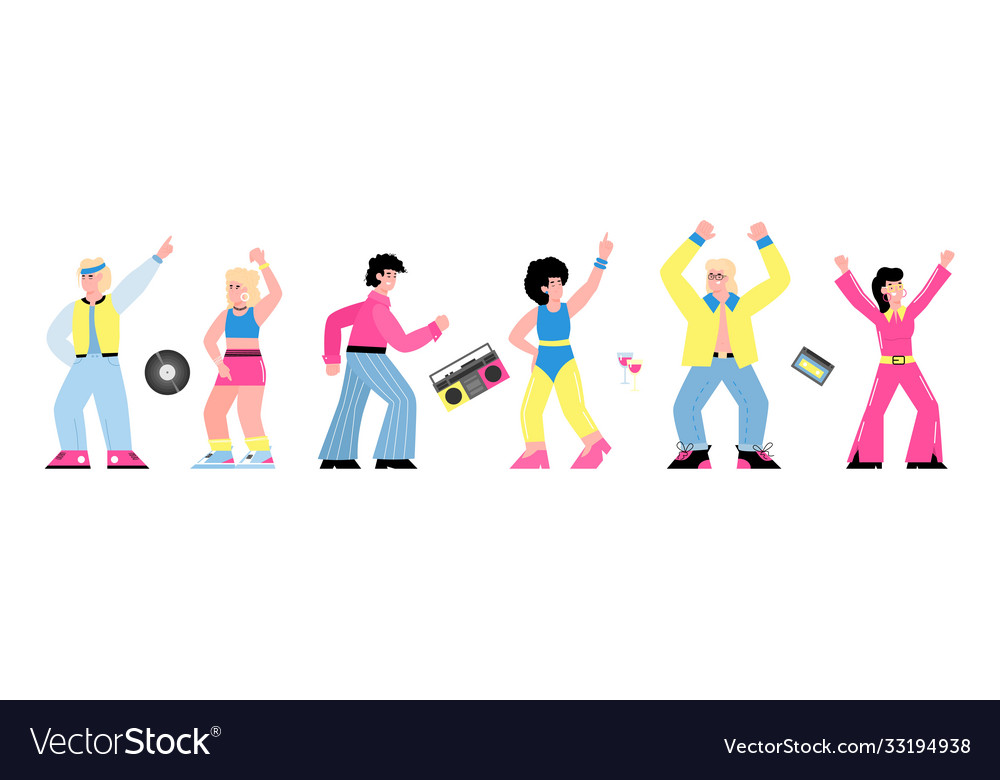 80er Disco Partybanner mit tanzenden Menschen flach vector image 80er Disco Partybanner mit tanzenden Menschen flach