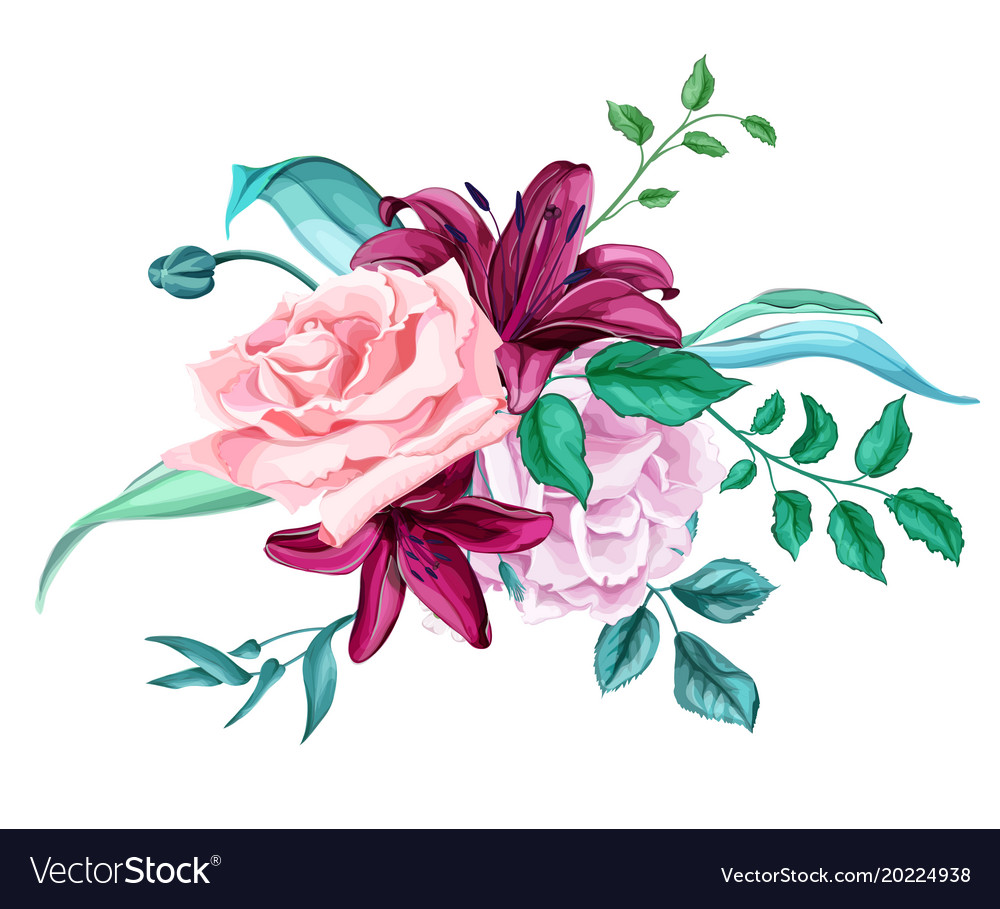 Rose lily flower leaves bouquet pattern Royalty Free Vector