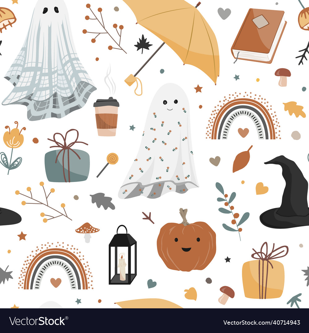 Halloween pattern cute ghosts bats vector image Halloween pattern cute ghosts bats