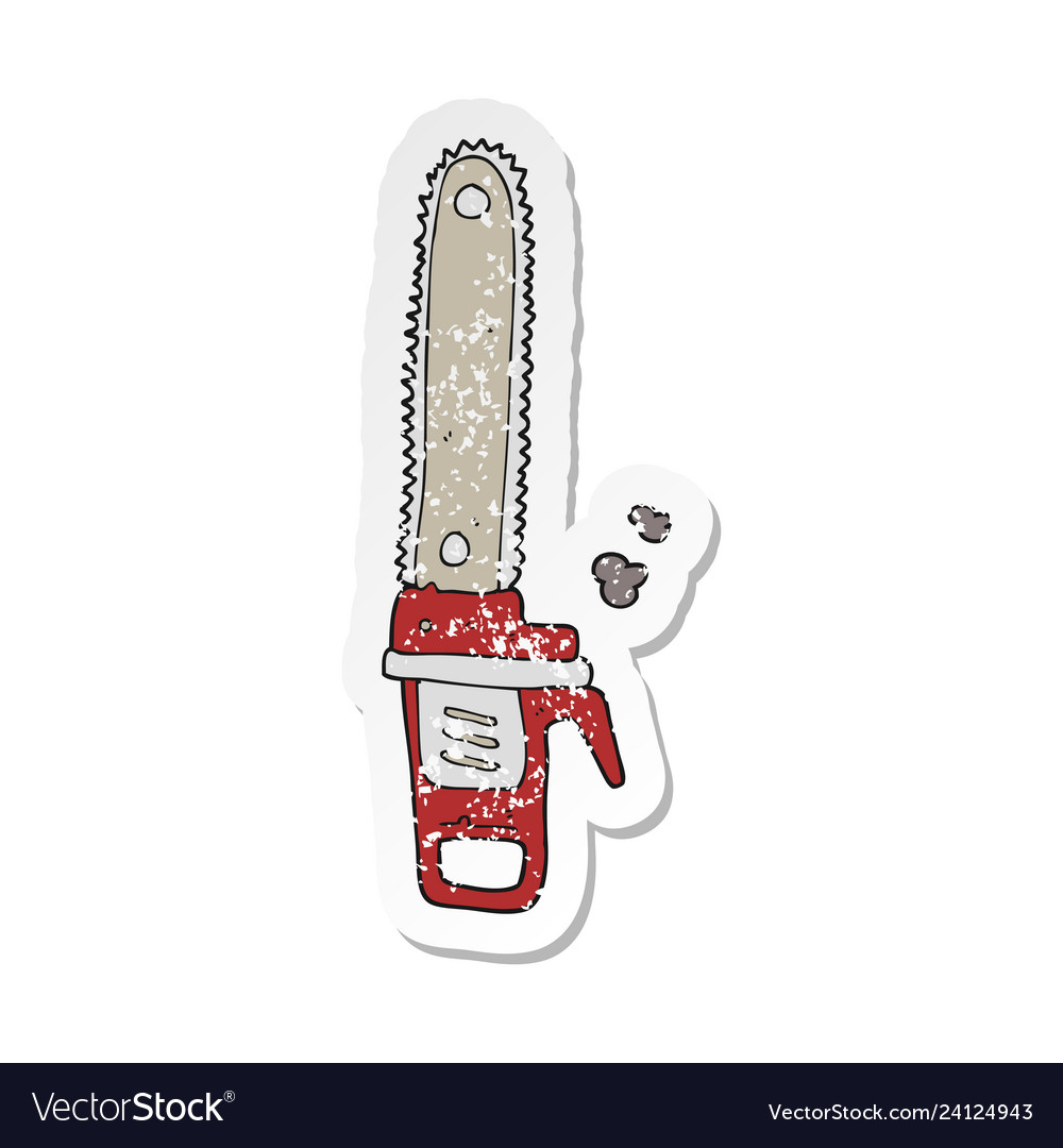Retro distressed sticker of a cartoon chainsaw