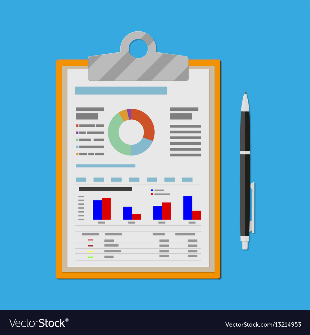 Clipboard with financial reports and pen Vector Image