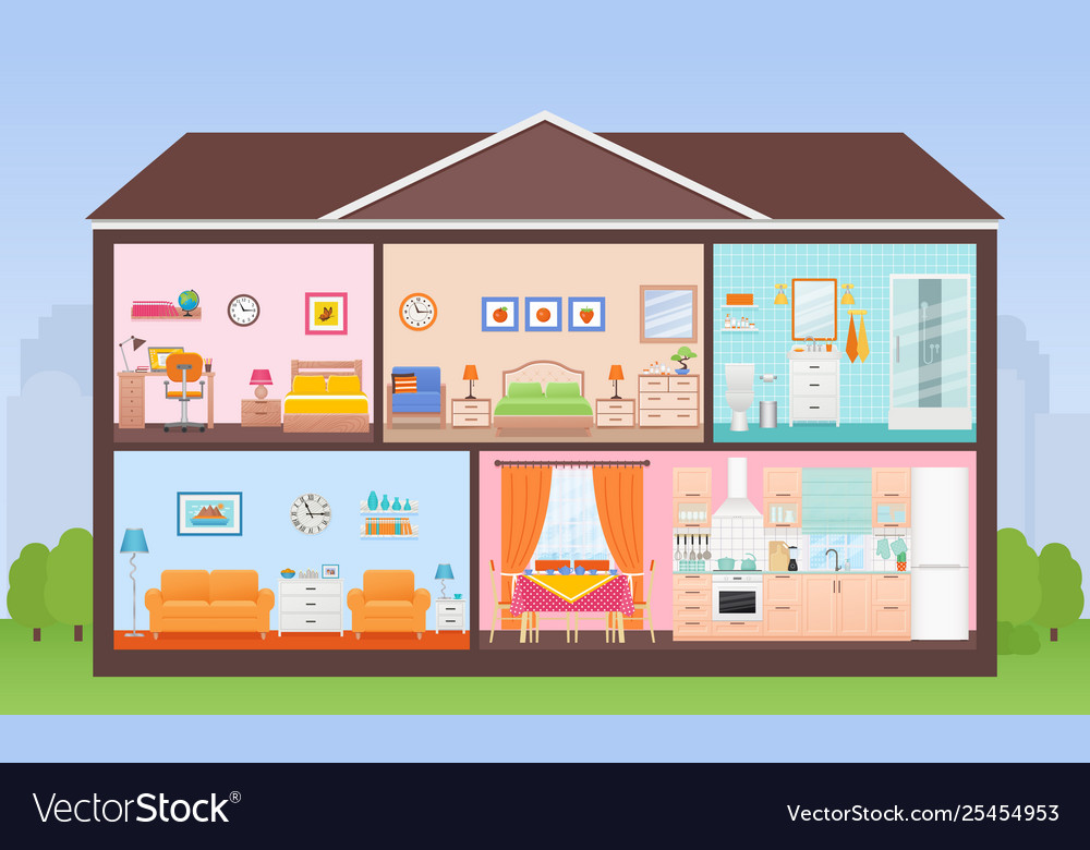 House interior cutaway with rooms in flat design Vector Image