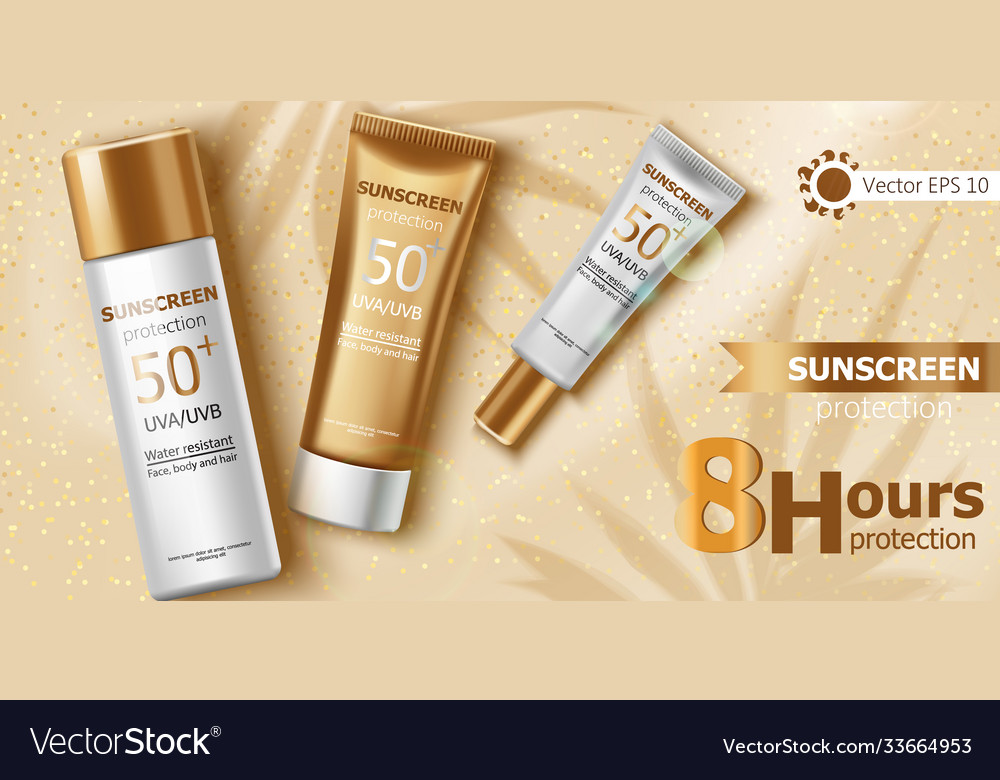 Three containers with water resistant sunscreen Vector Image