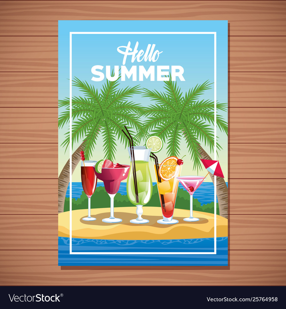 Hello summer card poster with cartoons Royalty Free Vector