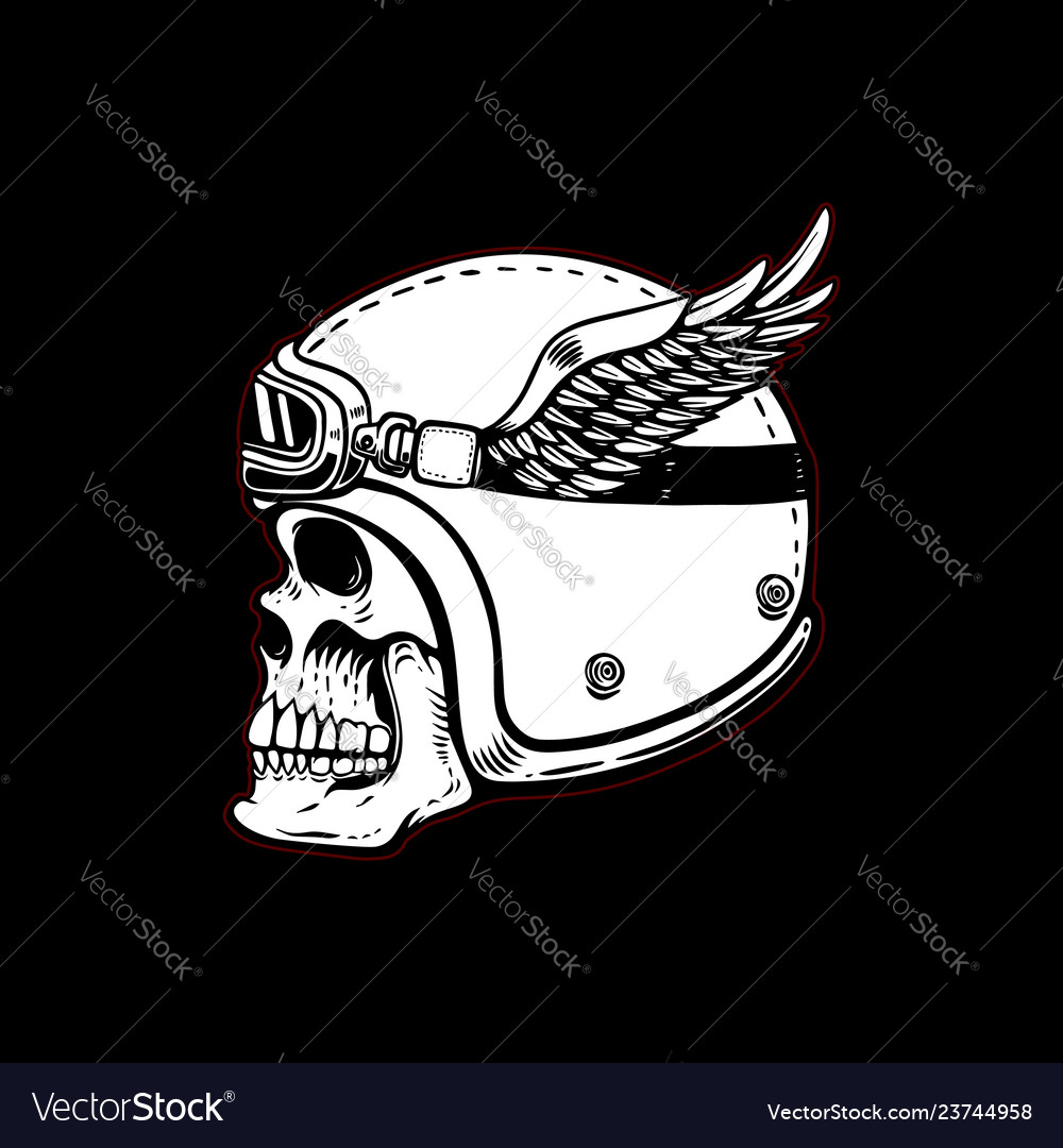 Racer skull in winged helmet on black background Vector Image