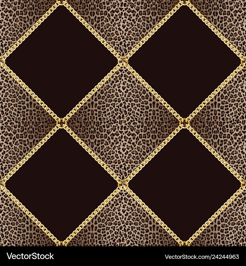 Golden chains seamless pattern on leopard Vector Image