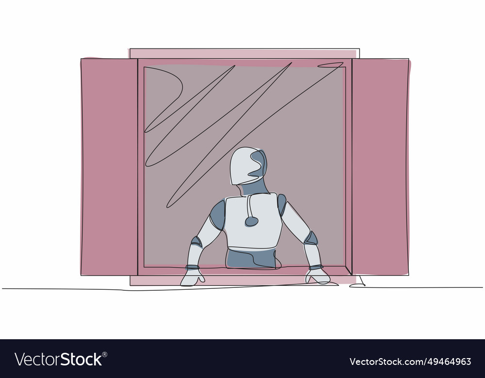 Single One Line Drawing Curious Robot Looking Vector Image