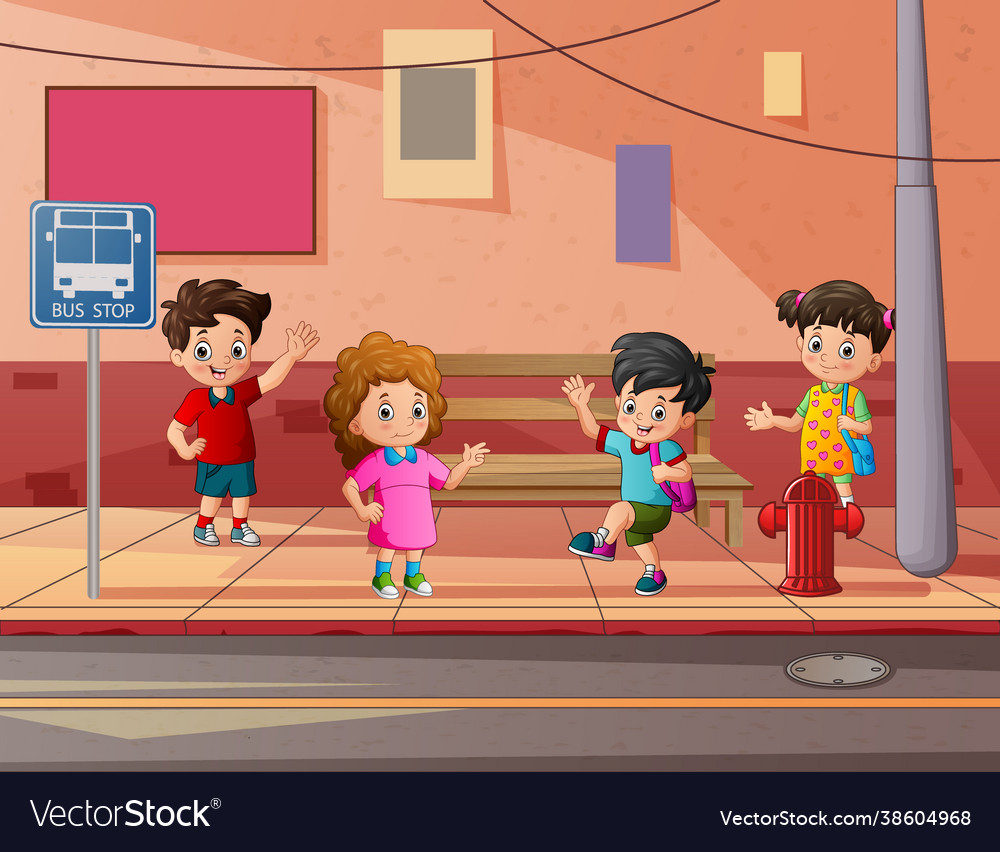 Cartoon happy children in street